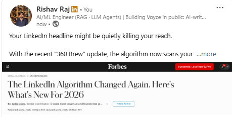 A LinkedIn post written with Voyce reacting to a Forbes article on the 2026 LinkedIn algorithm
